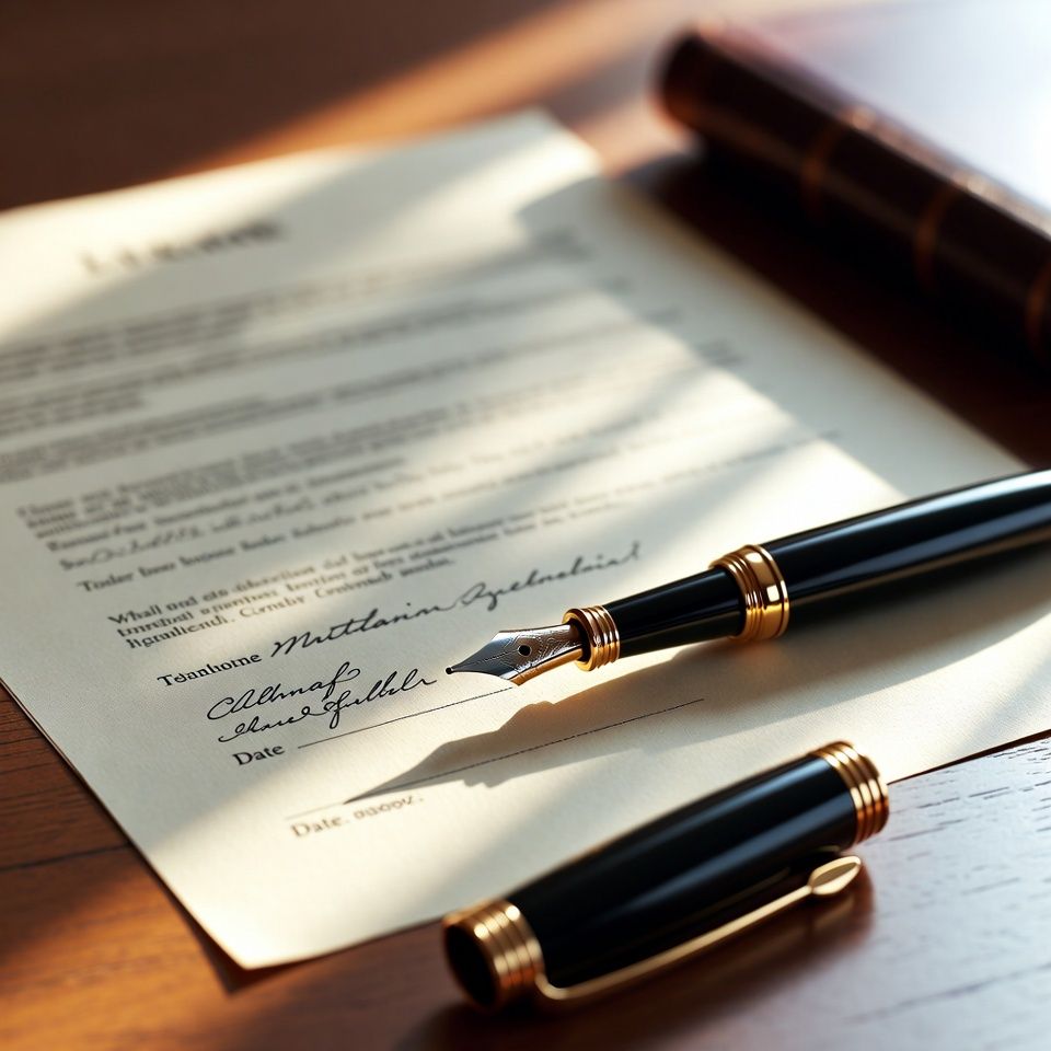 Legal document with fountain pen on wooden desk