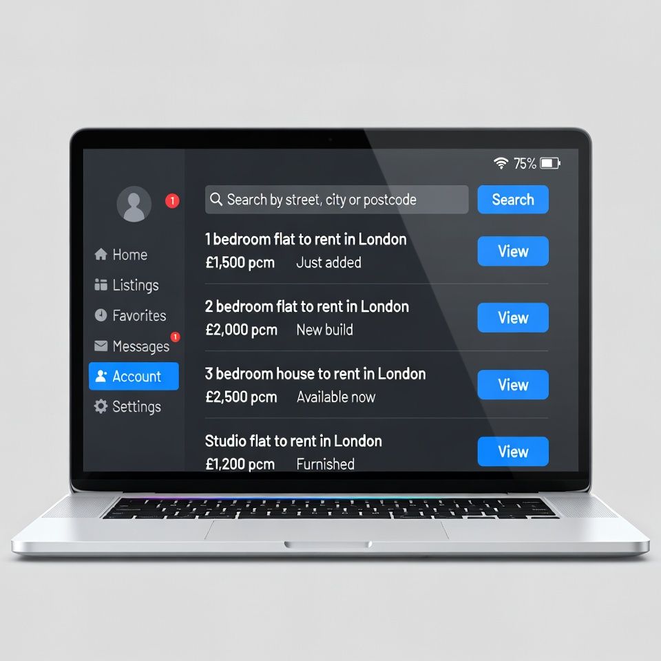 Property rental listings on a laptop screen